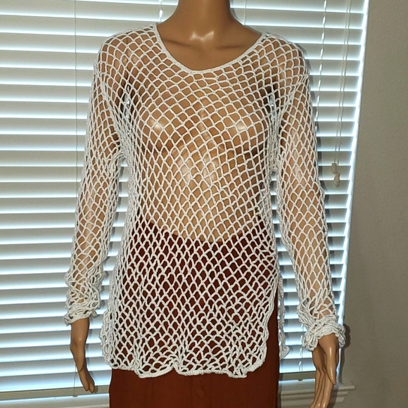 Venus M/L mesh fishnet long sleeve scoopneck sexy top and swim coverup side slit - Picture 2 of 5